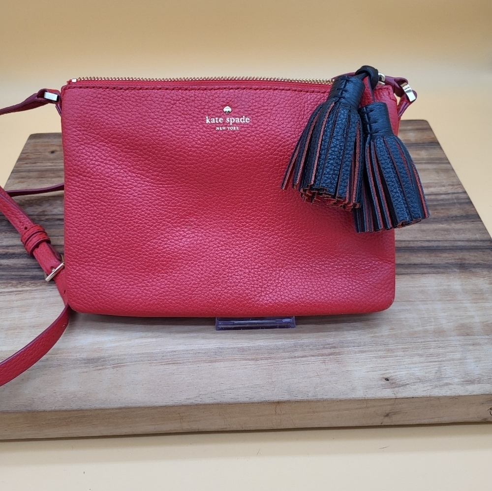 Kate Spade Red Crossbody Bag With Two Black And Red Large Removable Tassles